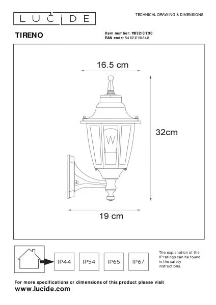 Lucide TIRENO - Wandleuchte Innen/Außen - 1xE27 - IP44 - Schwarz - TECHNISCH